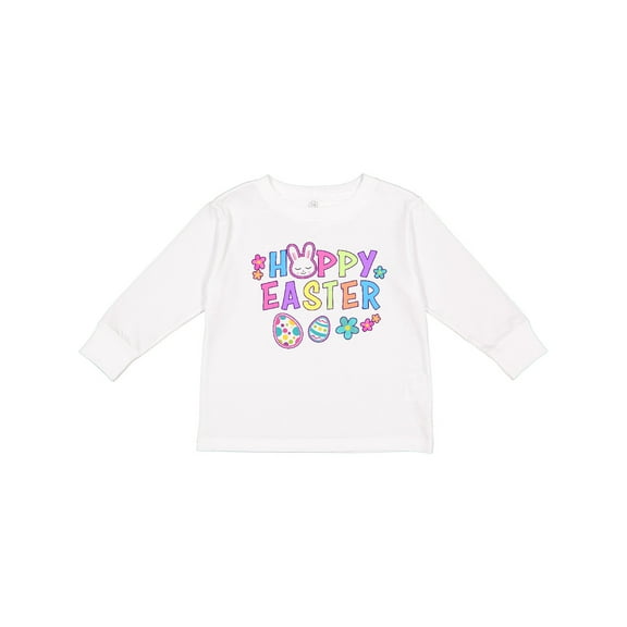 Inktastic Happy Easter with Bunny Face and Easter Eggs Girls Long Sleeve Toddler T-Shirt