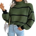 thumbnail image 3 of Womens Mock Neck Striped Chunky Knitted Sweater Winter Long Sleeve Pullover Sweaters Tops Army Green S, 3 of 9