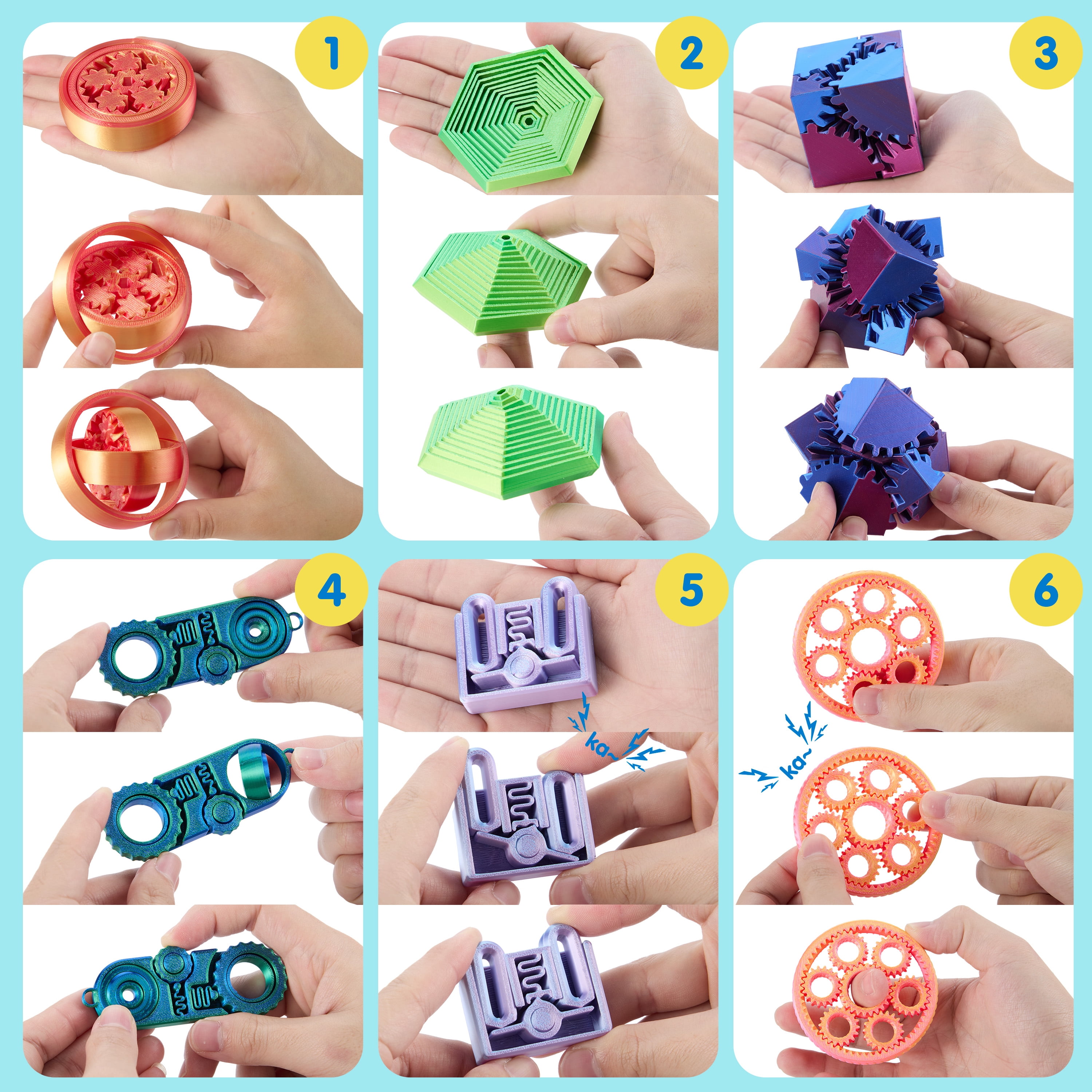 Joyfy 6 Pcs 3D Printed Fidgets Spin Fractal Click Gear Stress Relief Toys for Kids & Adults, Metallic Color ADHD Autism Product, Sensory Tools, Gifts for Birthday Christmas