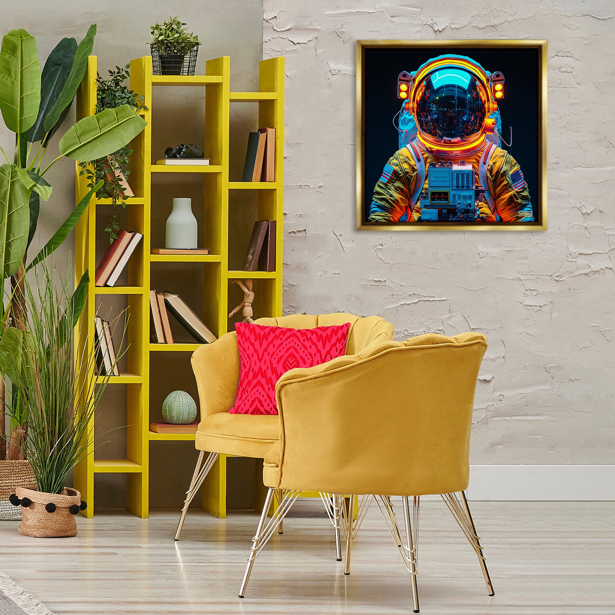 Stupell Industries Astronaut with Reflective Helmet Astrology & Stars Painting Gold Floater Framed Canvas Art Print Wall Art, 25 x 25
