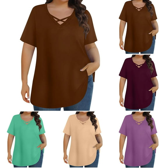 GSPCLAM Solid Color Tees for Women Lace V-Neck Plus Size T-Shirts Trendy Comfortable Summer Tops Brown 4XL