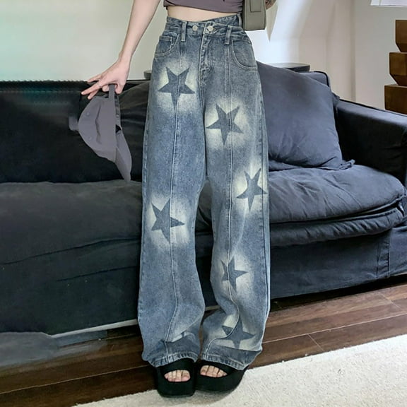 Womens Fashion Star Print Jeans Y2K Clothes High Waisted Denim Pants for Women with Pockets Casual Comfy Pants Loose Straight Leg Pants