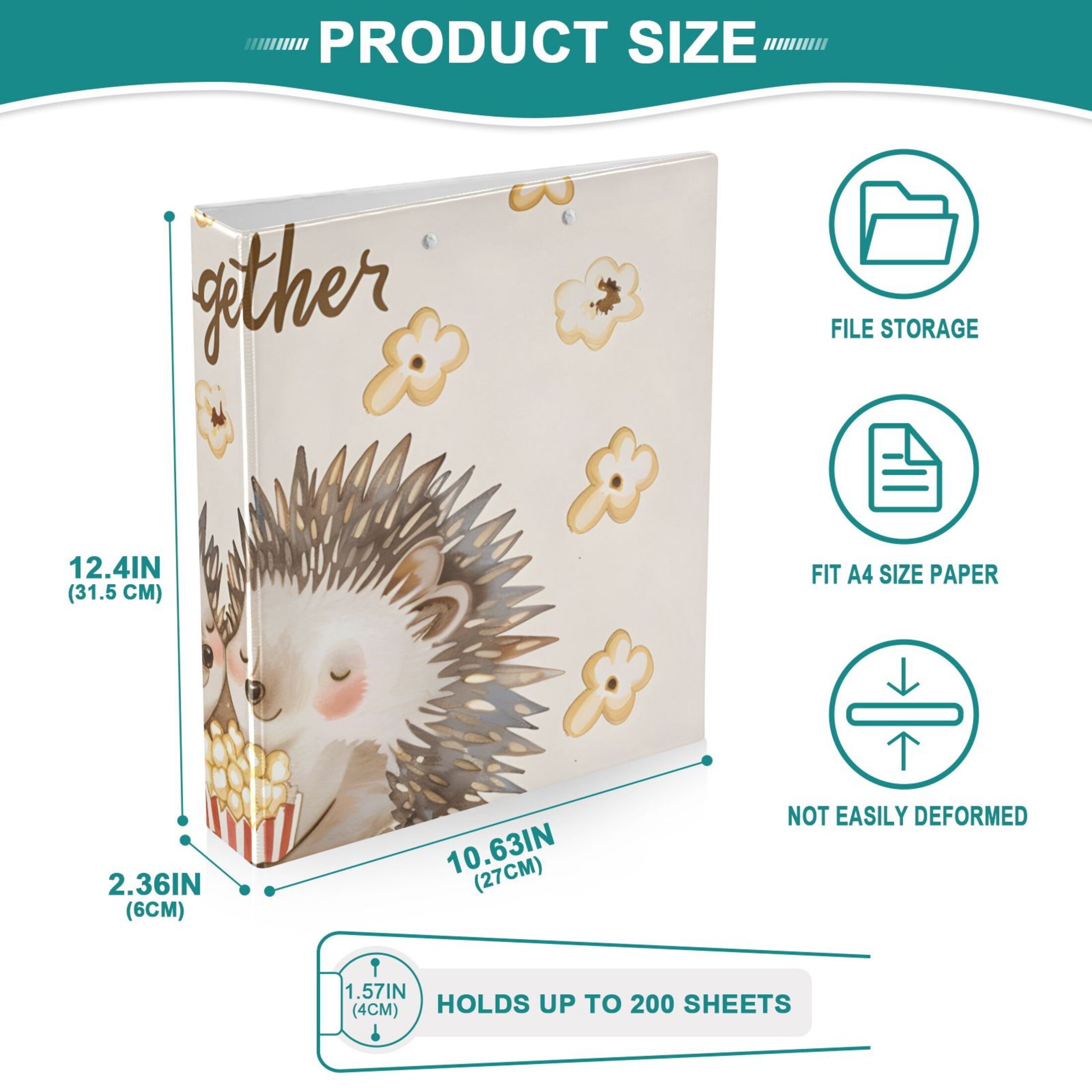 Hedgehogs Popcorn 3 Ring Binders 1.5 inch Hardcover File Folders with Interior Pockets A4 Size Organizer for School Office Hospital