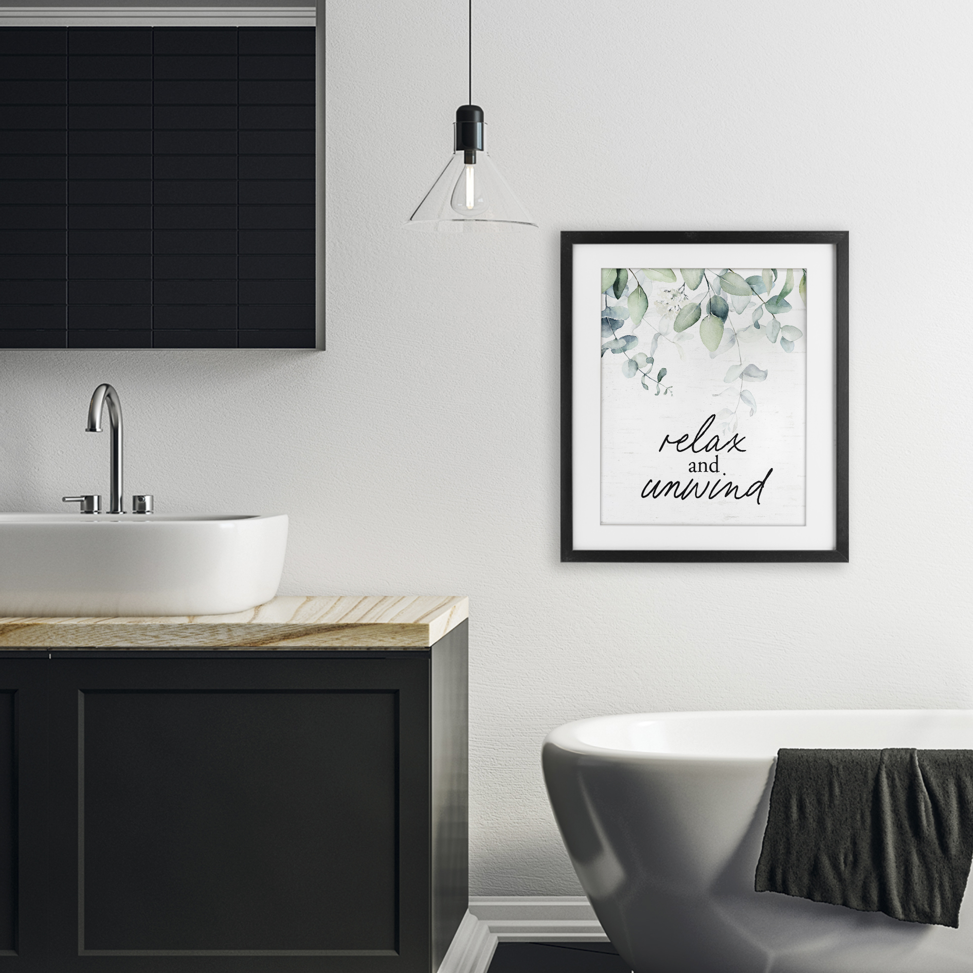 Relax And Unwind Herb Leaves Black Framed Print Under Glass, design by Lettered and Lined