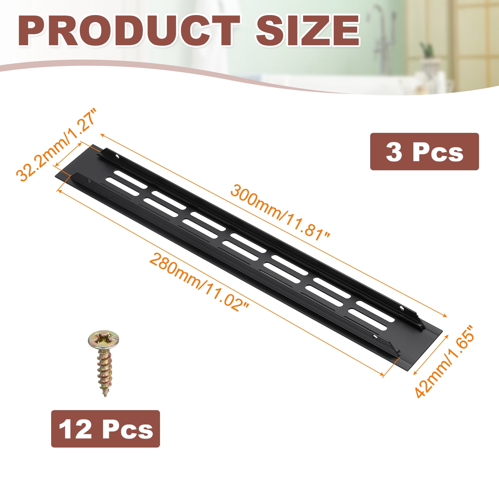 Uxcell 3 Pcs Door Air Vent Cover, 12 x 1.7 (Outer Dimensions) Inch Aluminum Louvered Ventilation Grille Rectangle Toe Kick Vent with Mounting Screws for Shoe Cabinet Wardrobe, Black