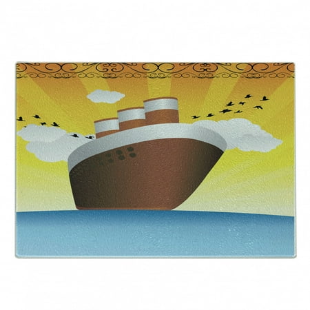 

Vintage Boat Cutting Board Big Ship Pop Art Deco Style Travel Cruise Yacht Sailing to the Ocean Graphic Decorative Tempered Glass Cutting and Serving Board Small Size Multicolor by Ambesonne