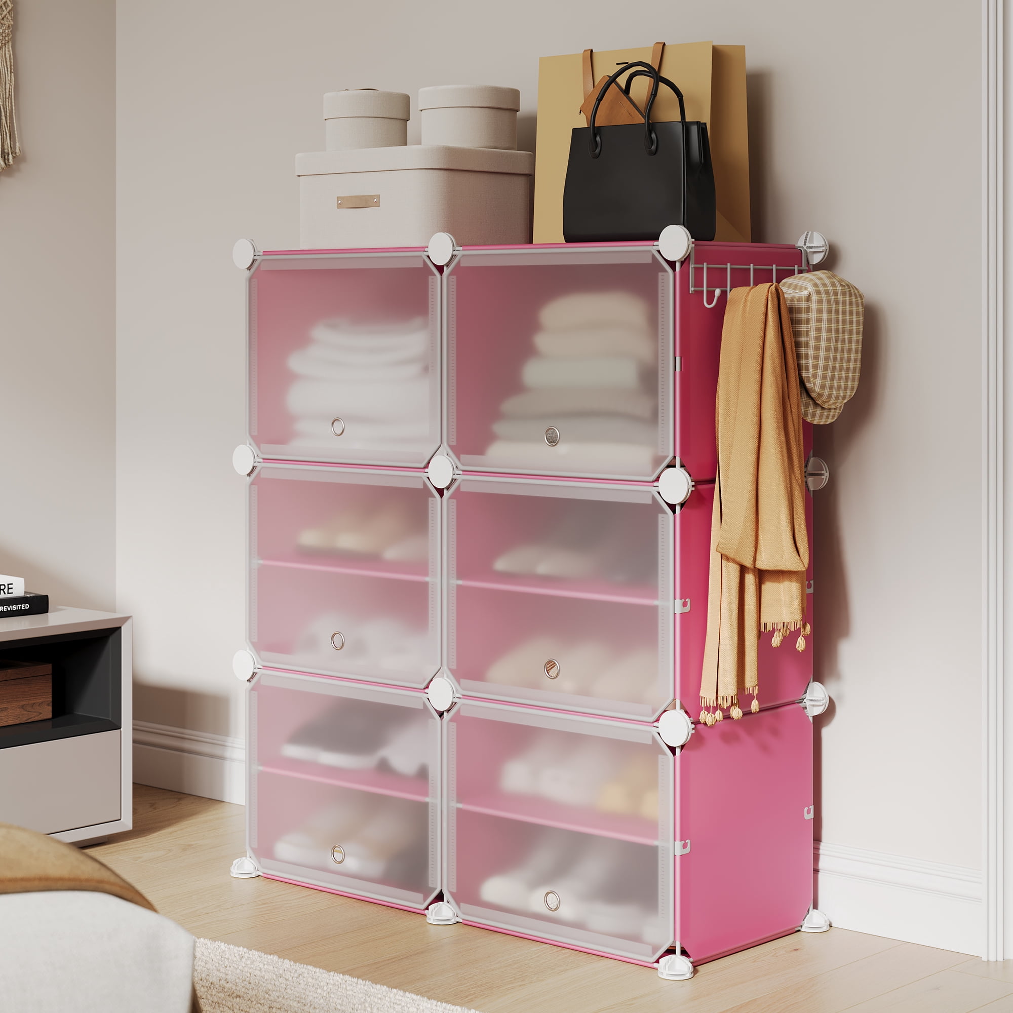 Modular 6-Cube Shoe Storage Cabinet with Doors – 6-Tier Plastic Shoe Organizer – Space-Saving – Easy DIY Assembly – for Entryway, Bedroom, Living Room – Pink