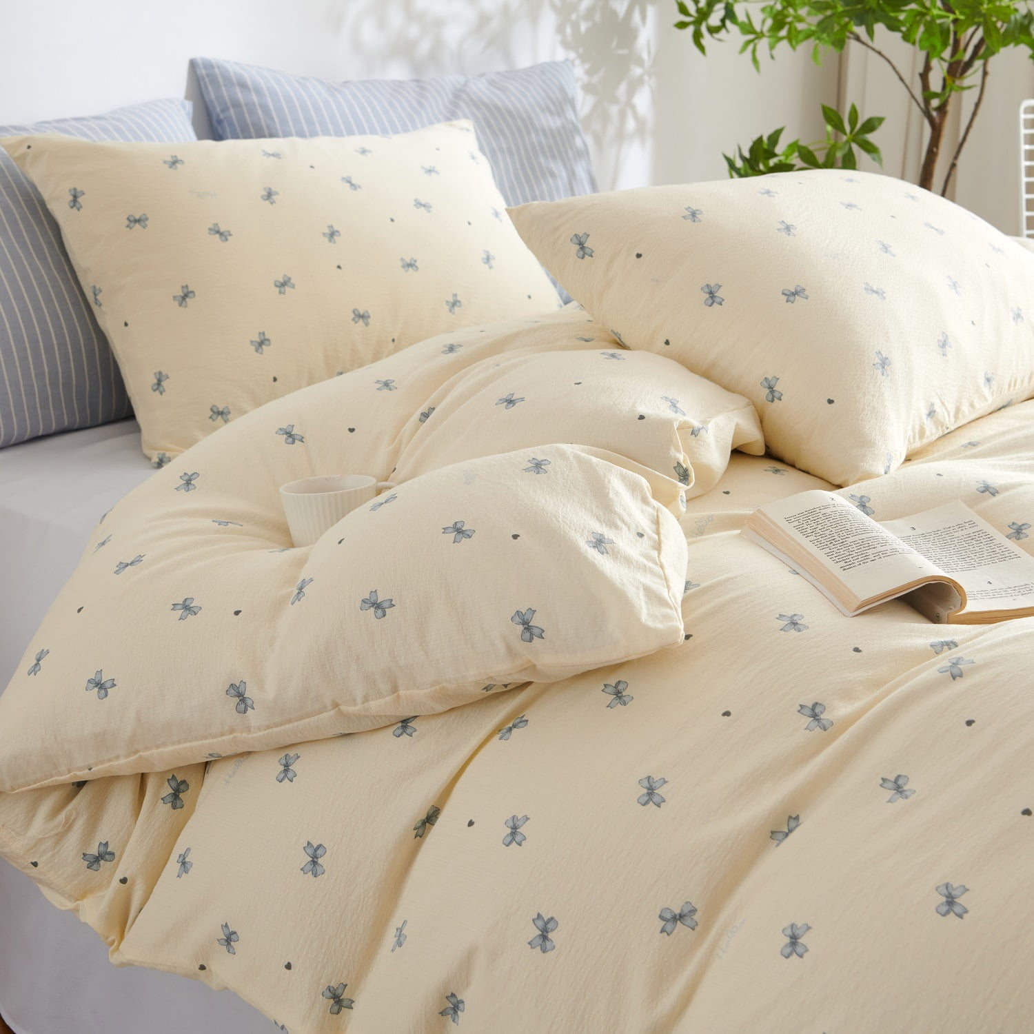 3 Pieces Bow Jacquard Duvet Cover Cartoon Blue Bowknot Pattern Comforter Cover Soft Breathable Cute Coquette Bedding,Full Size
