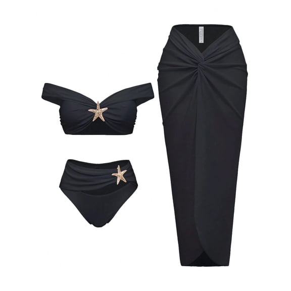 QURATI Swimwear Swimsuit Long Skirt Three Piece Bikini Women'S Swimsuit Black L
