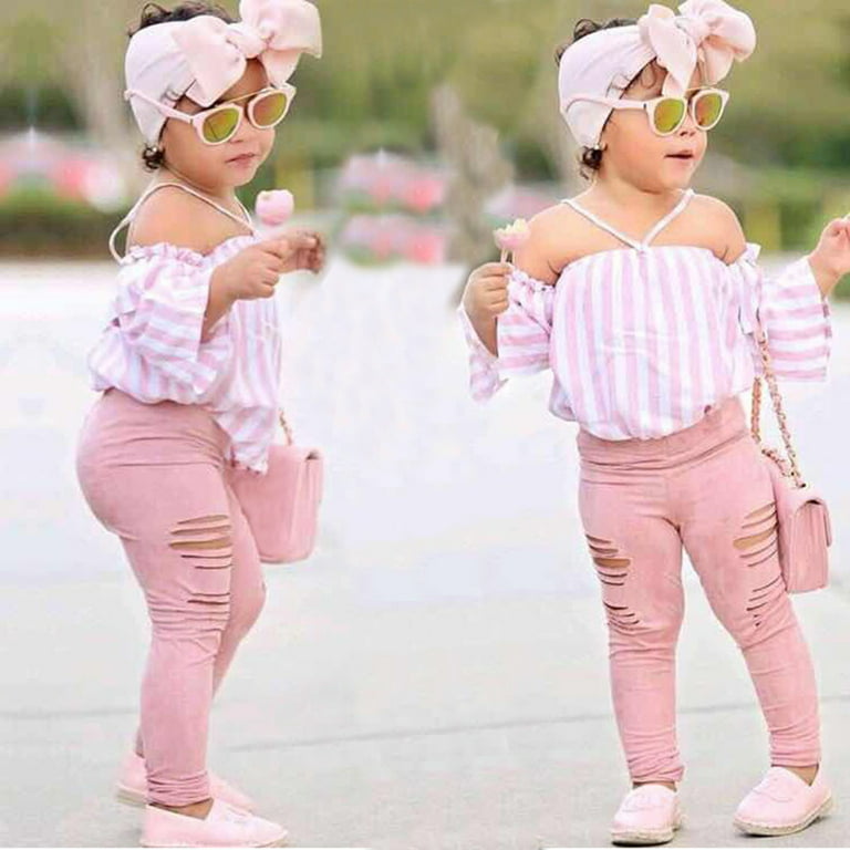 QYZEU Preppy Clothes for Girls 10-12 Girl Outfits Size 6X Toddler Kids Girls Off Shoulder Striped T Shirt Tops Hole Long Pants Leggings Headwear 3pcs