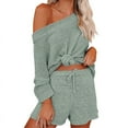 thumbnail image 2 of Casual Pajama Set Womens 2 Piece Outfits Off Shoulder Knit Tops and Shorts Suits, 2 of 3