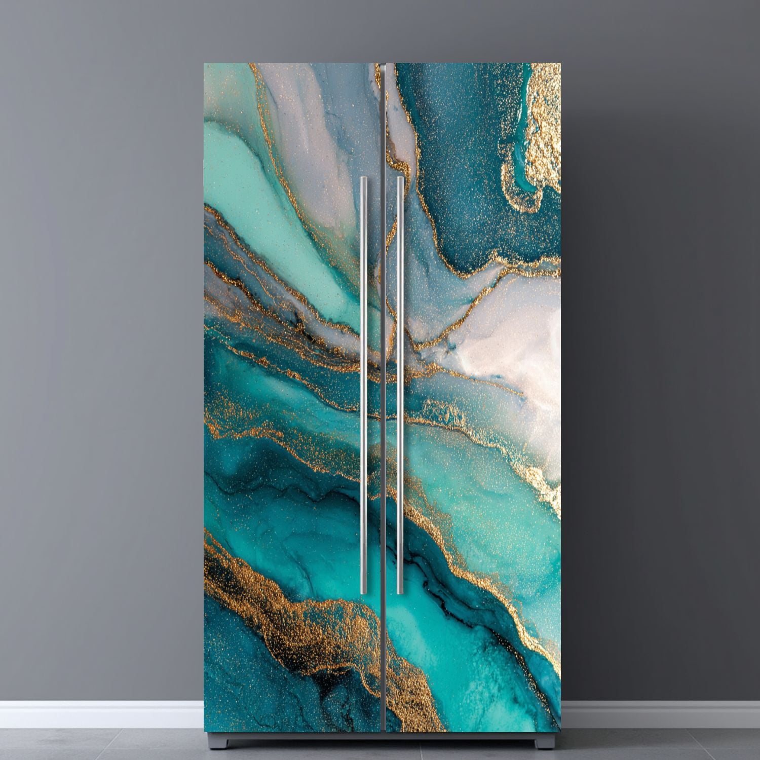 Self Adhesive Vinyl Refrigerator Wrap Set Ocean blue abstract marble liquid ink Door Mural Removable Fridge Sticker Peel and Stick&nbsp;Full Door Cover Decal Kitchen Bar Decor