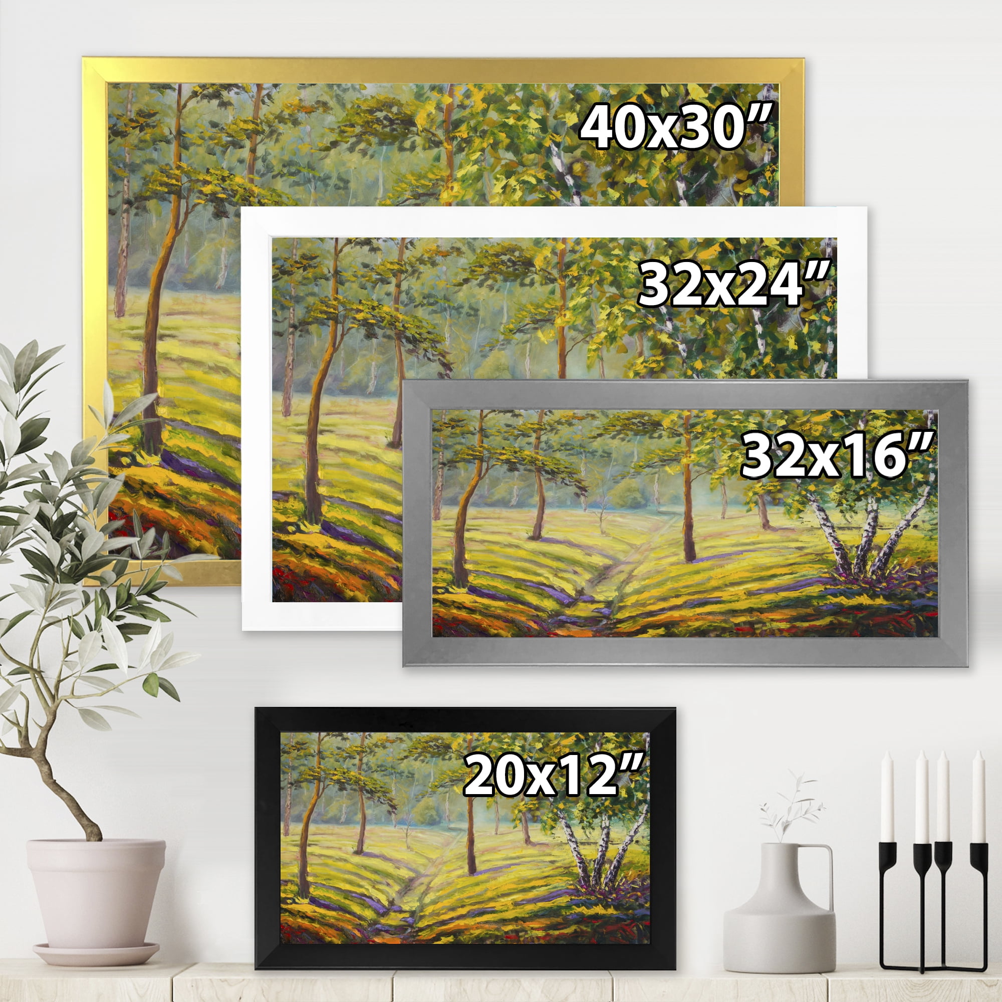 Designart 'Bushes and Pine Trees In The Forest II' Traditional Framed Art Print