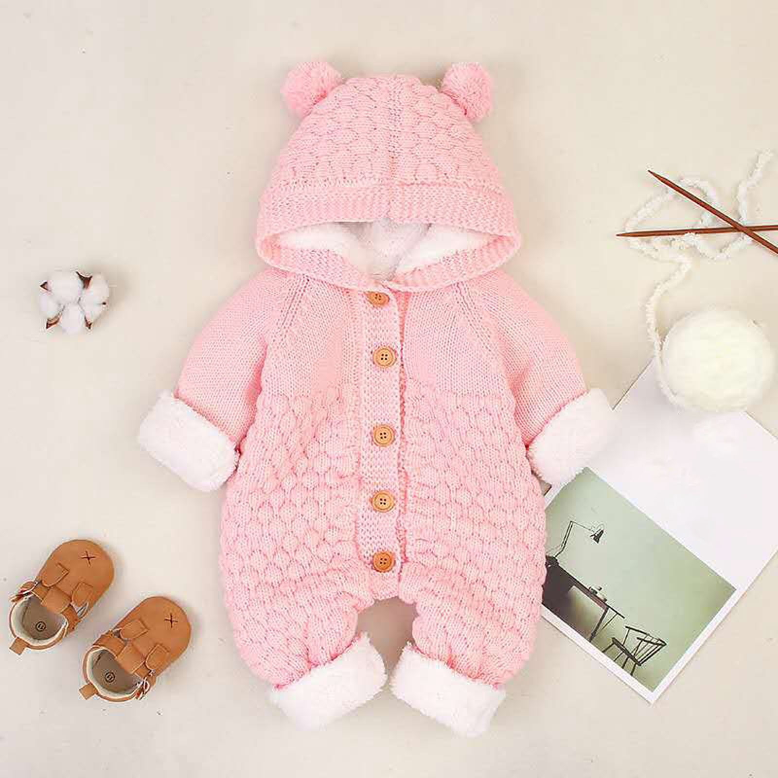 XYIJANI Clearance Newborn Sleepers Children's Plush Jumpsuit Autumn/Winter Solid Color Cute Cartoon Buckle Up Knitted Climbing Suit Party Birthday Outing Baby Girl Clothes 3-6 Months (Pink,73)