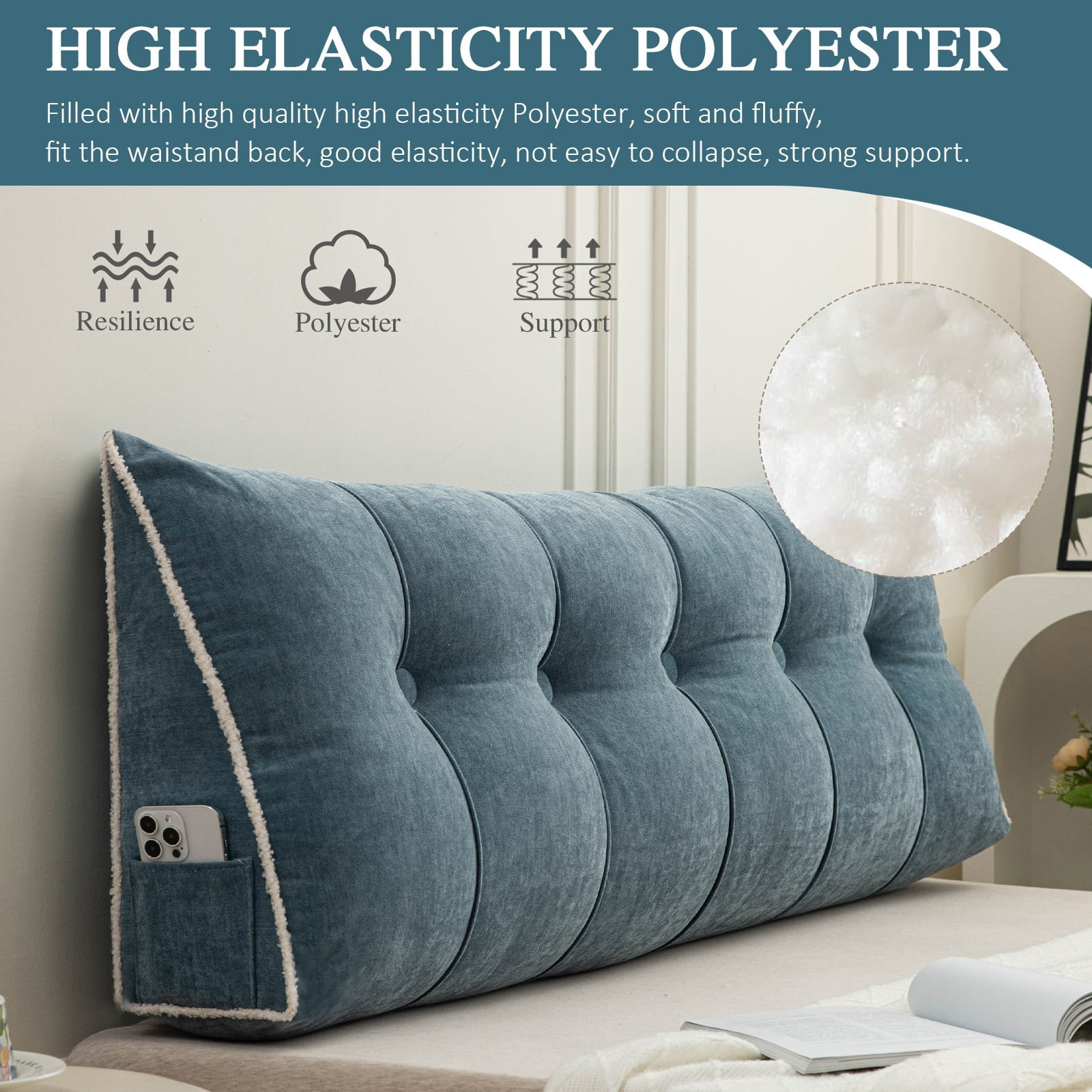 Lovote Triangular Headboard Pillow with Side Pockets, Chenille Fabric, Bed Rest Reading Pillow, Removable & Washable Cover, Contrasting-Color Fabric Piping, Daybed Wedge Pillow for Queen Beds