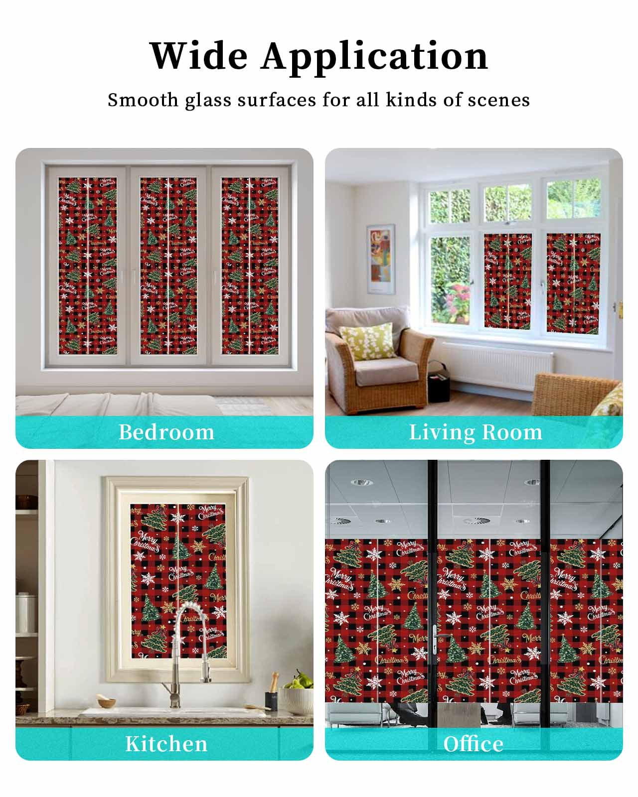 Christmas Window Privacy Film Stained Glass Window Film Decorative Windows Cover Static Windows Cling for Glass Door Pine Tree Gold White Snowflake Red Black Plaid Stickers for Bathroom 23.6"x59"