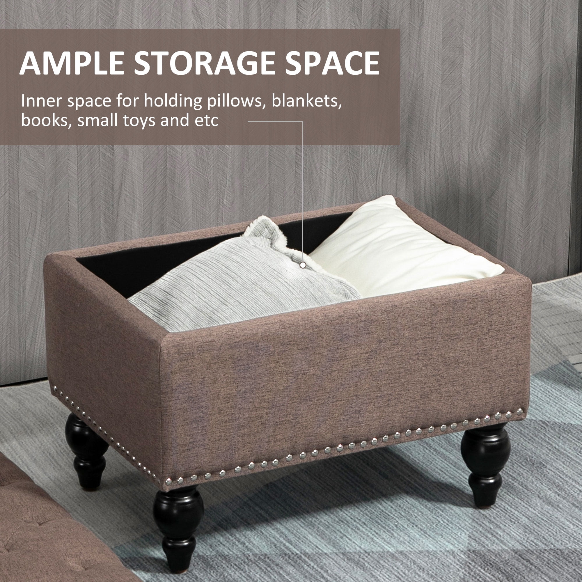 Homiyad Ottoman with Storage for Living Room, 25" Storage Ottoman with Removable Lid, Button-Tufted Fabric Bench for Footrest and Seat with Wood Legs, Coffee