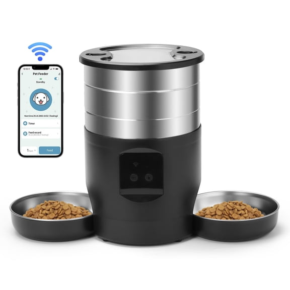 Fykuq 4.5L Wi-Fi Automatic Pet Feeder with App Control, Dual Stainless Steel Bowls and Scheduled Feeding for Cats and Dogs, 1 Count