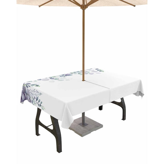 Fsddascl Purple Teal Eucalyptus Leaves Outdoor Tablecloth - 52x70 Inch Dining Table Cover, Spring Summer Floral Botanical Waterproof Outdoor Table Cloth with Umbrella Hole & Zipper for Patio