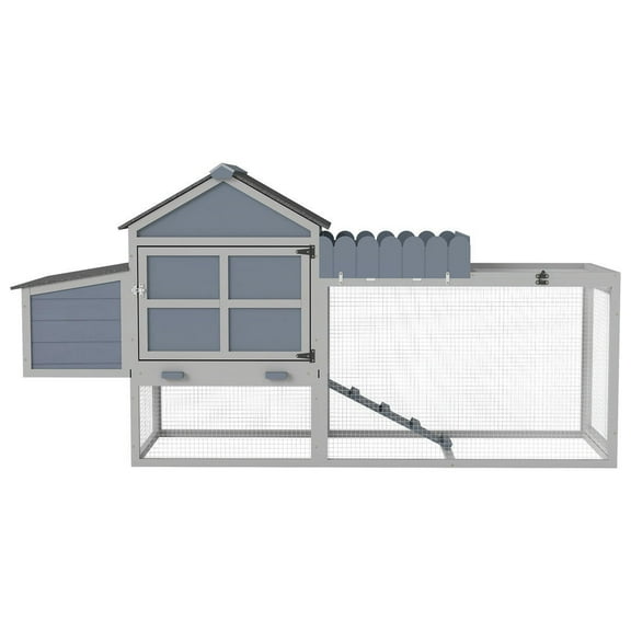 Spaco 80" Wooden Chicken Coop, 2-Tier Backyard Hen House with Nesting Box, Run, Planter & PVC Roof, Weatherproof Poultry Cage, Gray