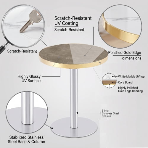23.6-Inch Round Faux Gray Marble Bistro Table with Stainless Steel Base & Gold Trim Edge, High-Gloss Compact Dining Accent Table for Kitchen Office Balcony