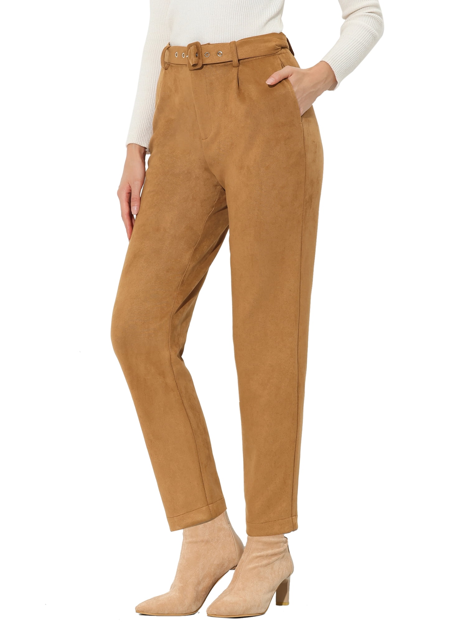 Unique Bargains Women's Faux Suede High Waist Belted Straight Legs Pants S Brown