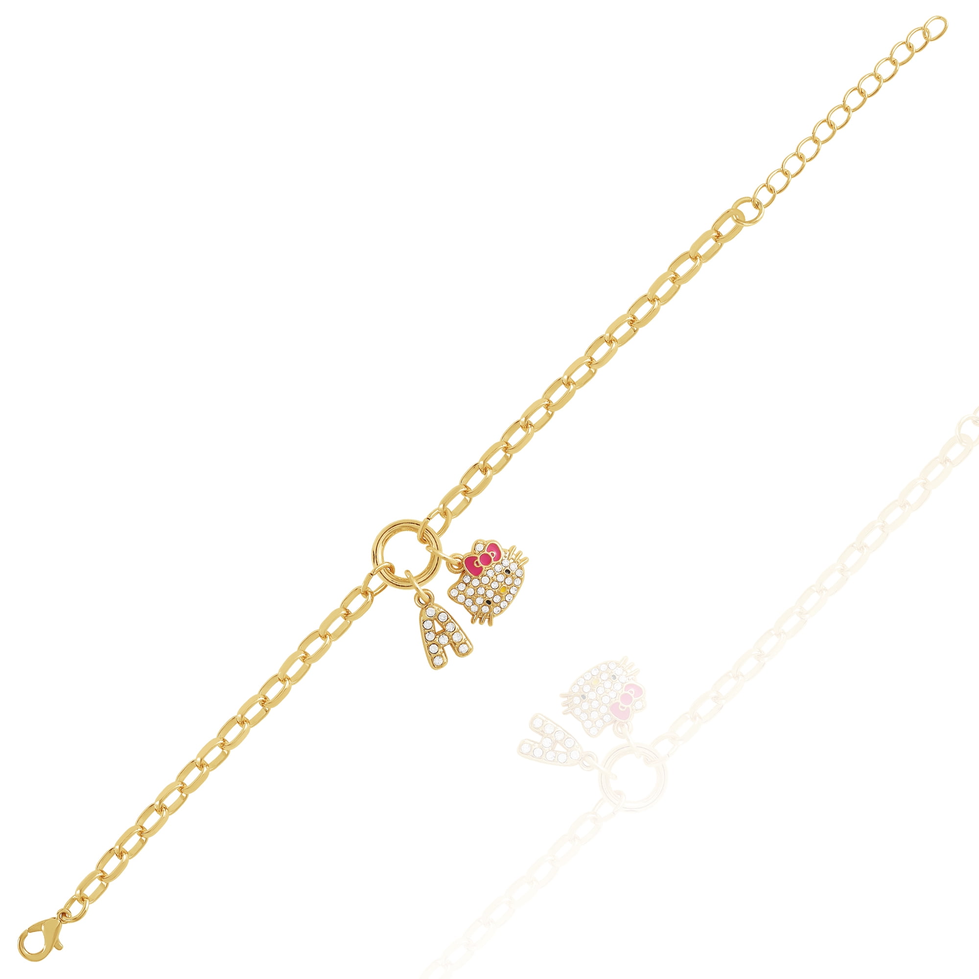 Hello Kitty Initial Crystal Charm Bracelet, Gold‑Tone, Adjustable