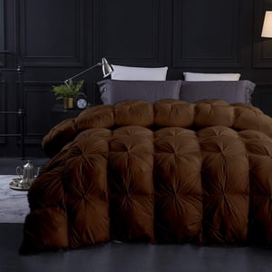 Brown All Season Down Pin-Tuck Comforter- Oversized Queen Size 98 x 98 Inches 1 pc Pinch Pleated Comforter 600 GSM & 4-Corner Tab's 100% Egyptian Cotton- Brown Solid