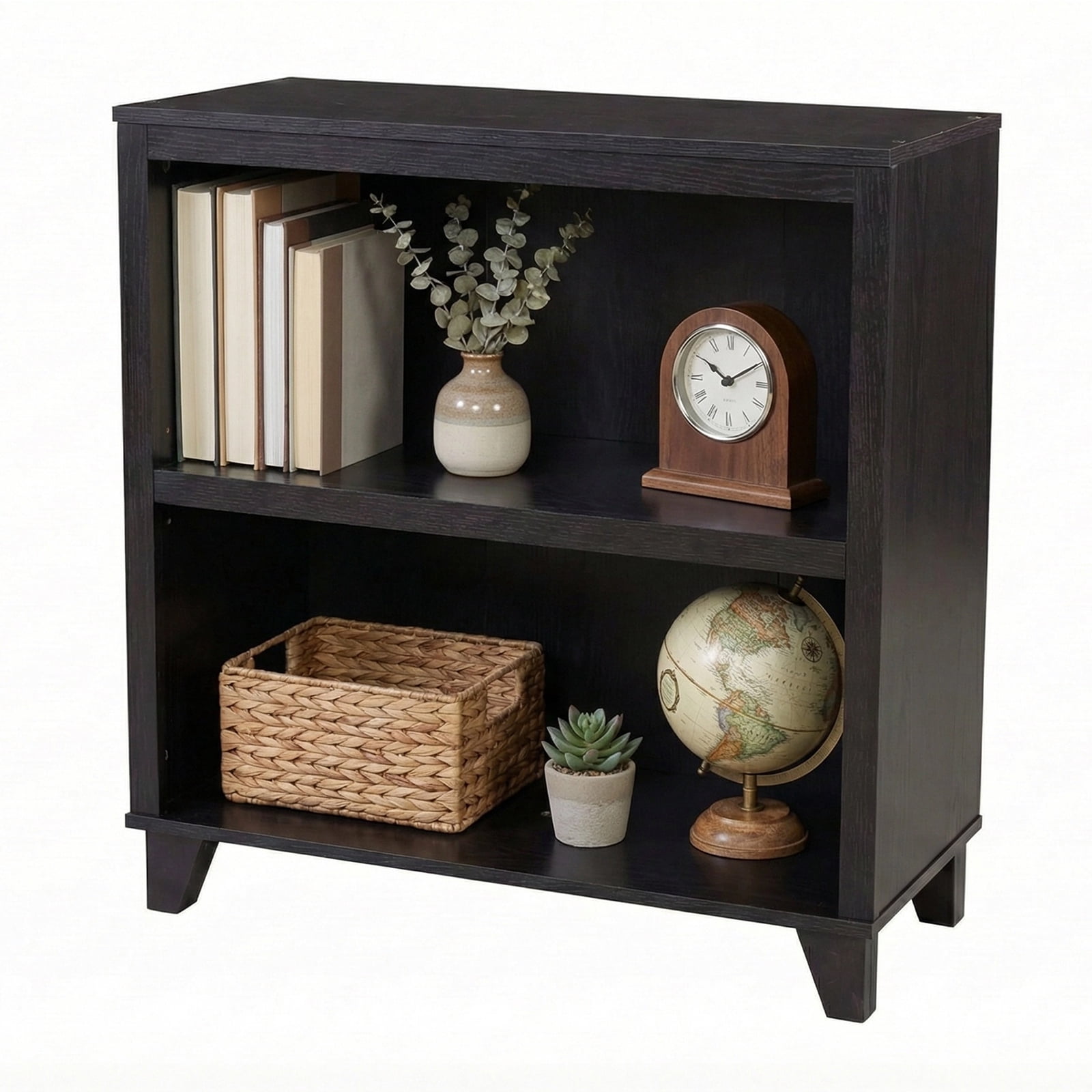 2-Tier Bookcase with Adjustable Shelves，27.56"W x 11.83"D x 28.11"H Floor Standing Open Bookshelf with Wood Legs for Home Office, Living Room, and Bedroom Storage,Black