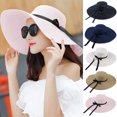 thumbnail image 3 of HEVIRGO Straw Hat, Foldable Women Summer Wide Brim Floppy Straw Ribbon Bow Sun Hat Beach Bucket Cap, Blue, 3 of 8