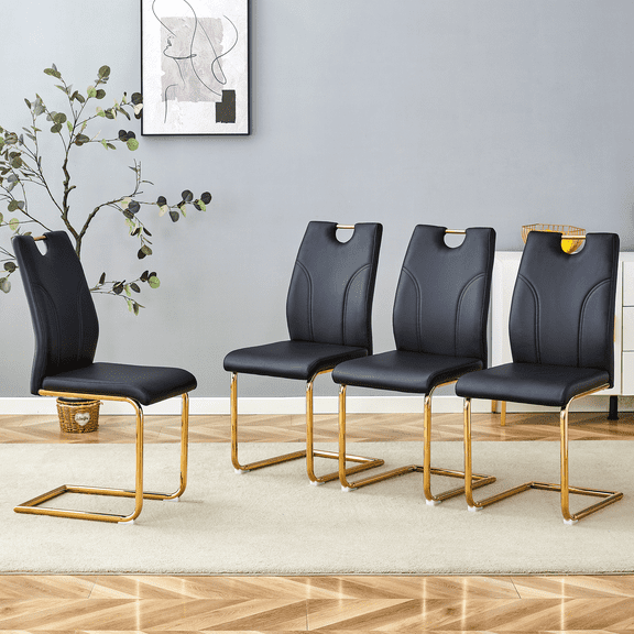 Set of 4 Black Pu Dining Chairs - Modern Gold Metal Leg Chairs for Kitchen & Office