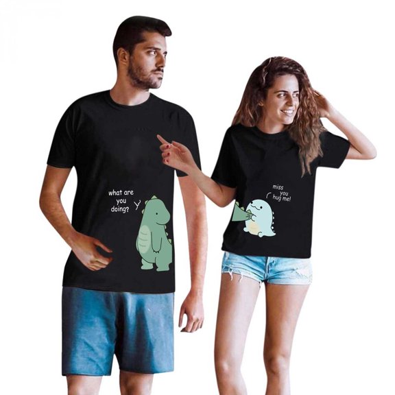 RQYYD Lovely Dinosaur Matching Couple T-Shirt for Husband Wife,Short Sleeve Crewneck Matching T-Shirt for Lover