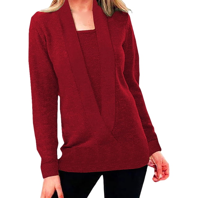 Hauts d'Entraînement pour Femmes Automne Manches Longues Tricoté Couleur Unie Col en V Profond Chandail Deux Pièces Chemisiers Chemises pour Femmes Rouge 2TG