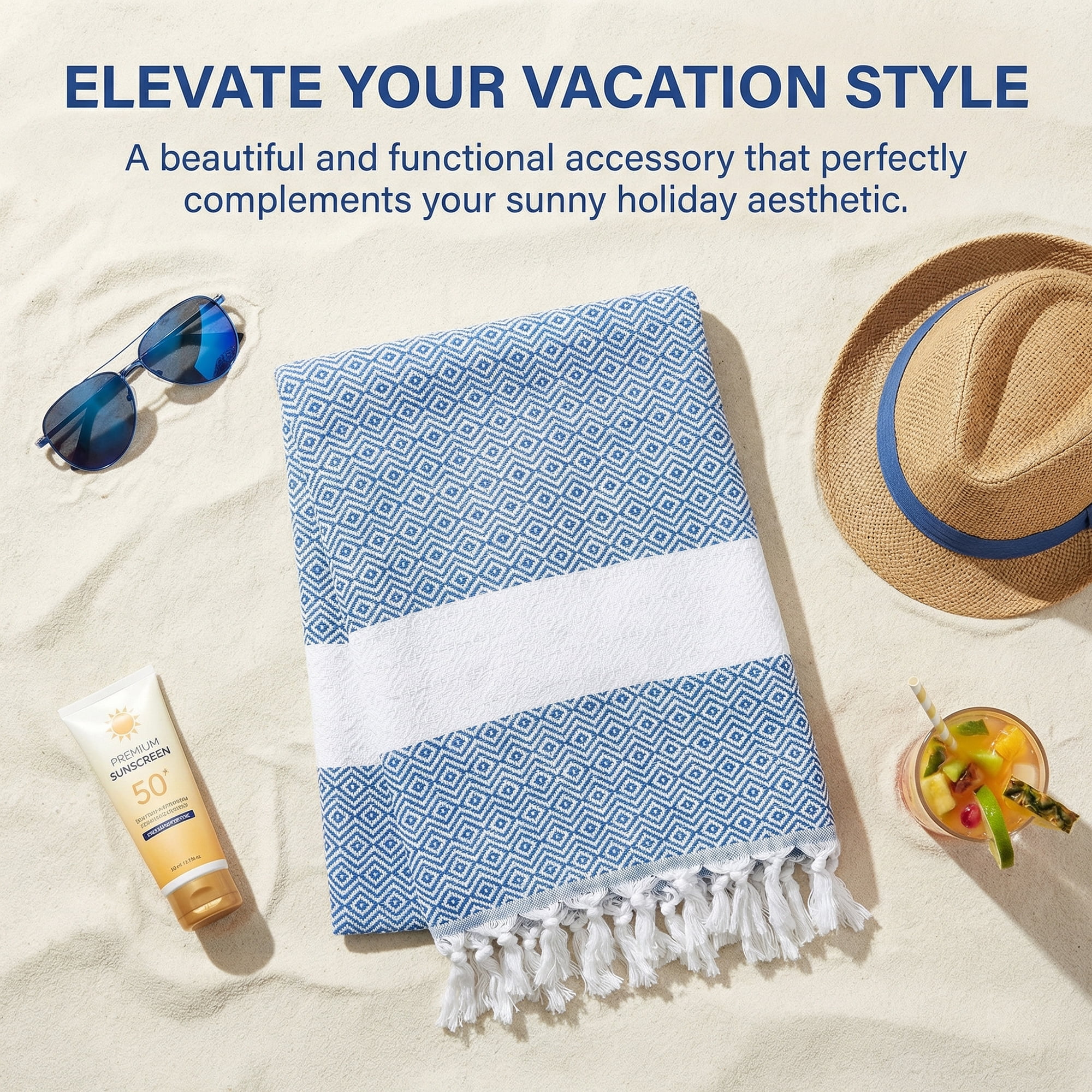 Unique Bargains Geometric Sandproof Turkish Towel 2 Pack Blue/Orange 71"x40"