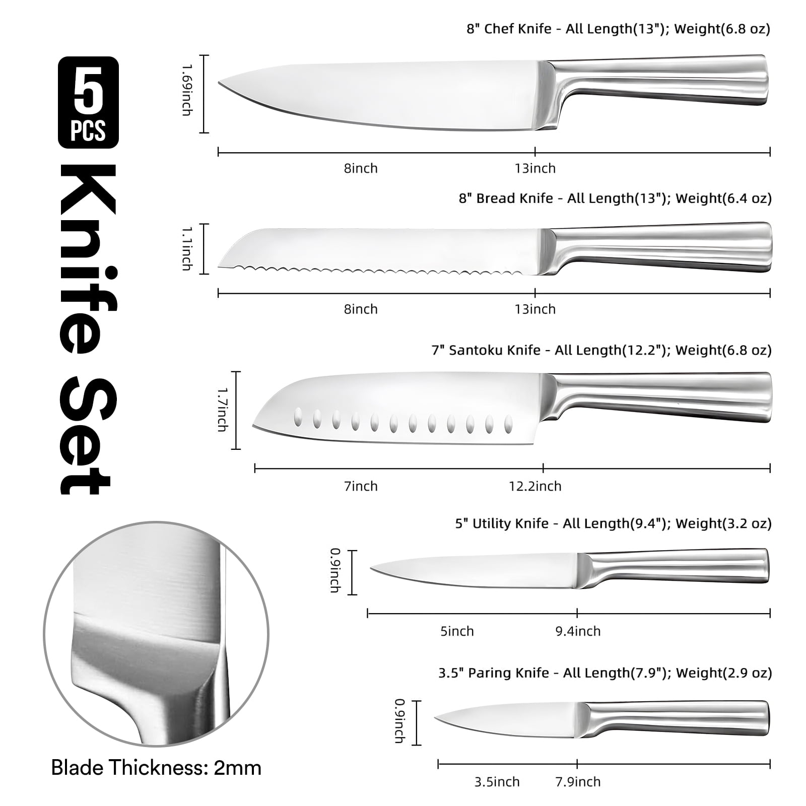 Badiano 5 Pcs Home Kitchen Sharp Knife Set,8" Chef,8" Bread,7" Santoku,5" Utility,3.5" Paring,Silver