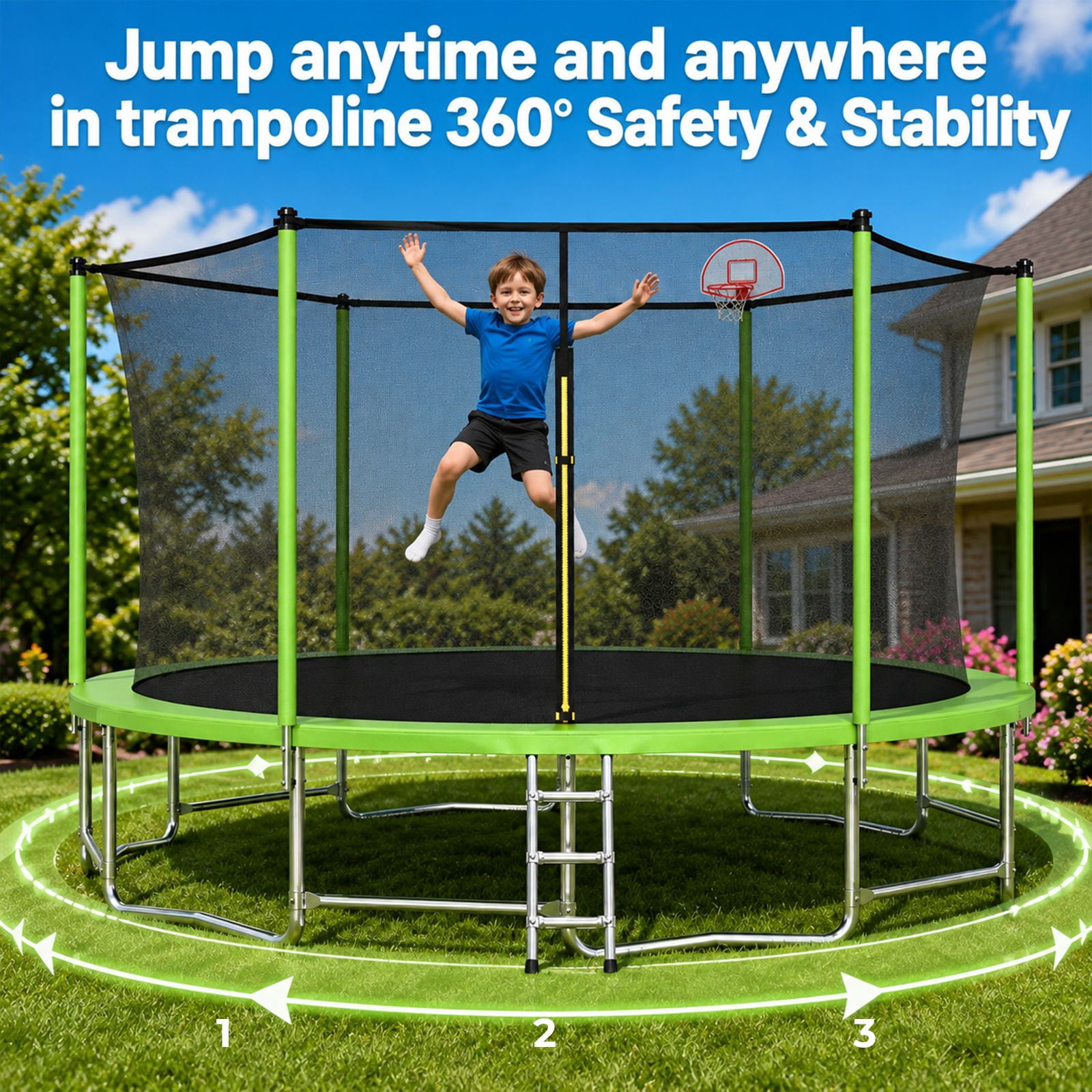 Alvantor 16Ft Trampoline for Kids & Adults, Upgrad Trampolines with Enclosure Net and Basketball Hoop for Backyard Green