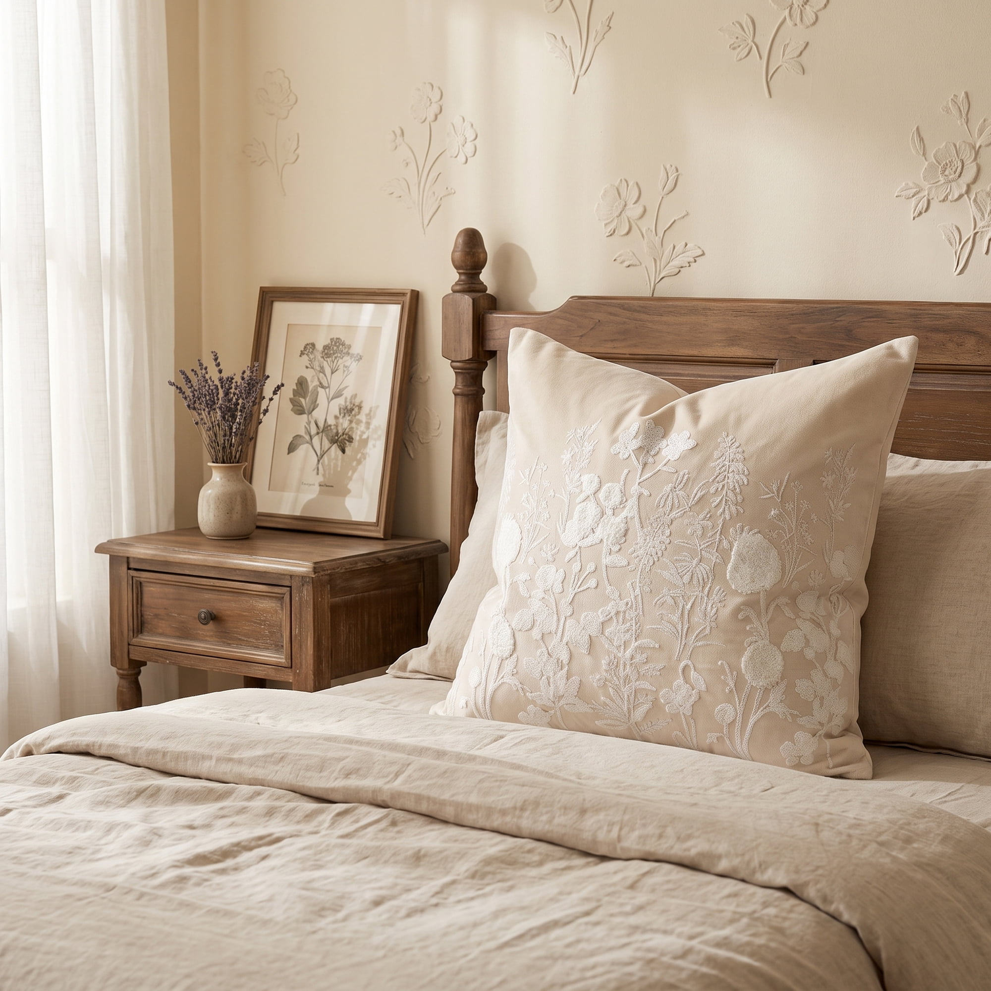 Unique Bargains Floral Embroidered Pillow Cover for Home Decor and Comfort Beige 18"x18"