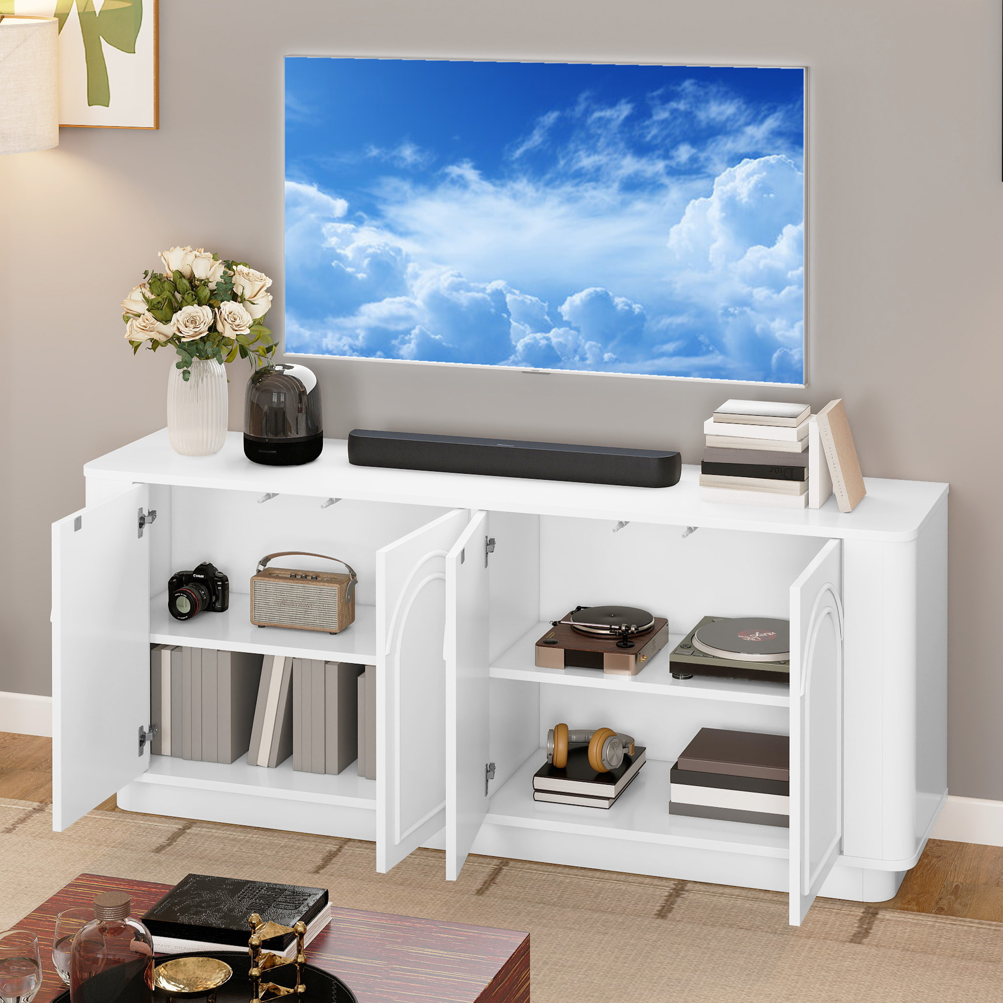 Uforic 70" TV Stand for TVs Up to 80", Entertainment Center with Cabinets & Arched Patterns for Living Room, White