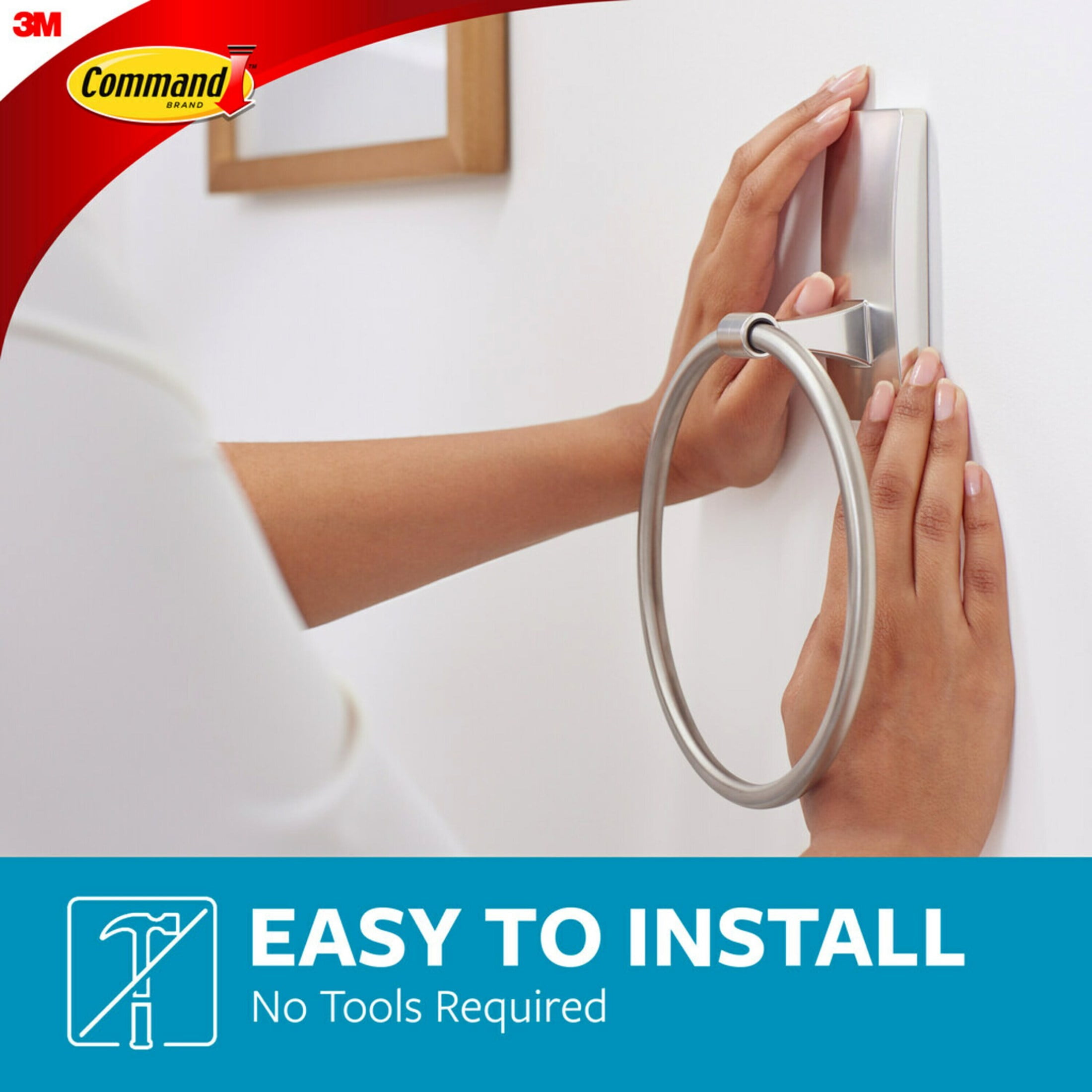 Command Bath Satin Nickel Towel Ring, 1 Towel Ring, Holds 5 lbs, 2 Strips, Adhesive Mount