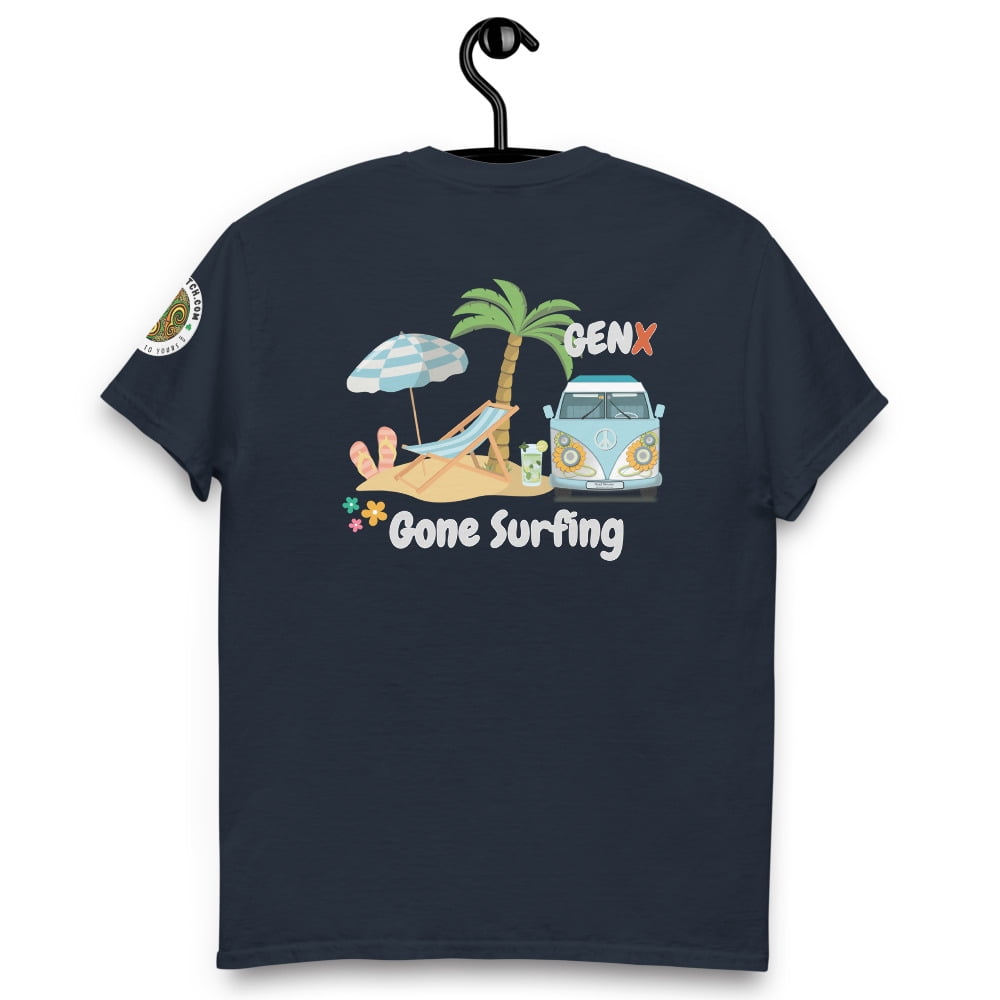 Gen X Gone Surfing – Retro Beach Vibes T-Shirt (Navy, 4XL)