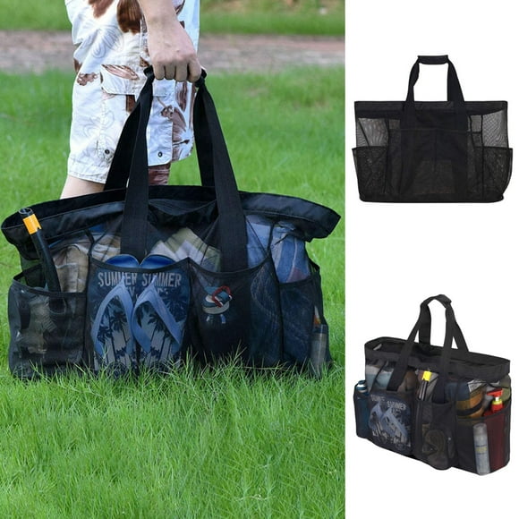 Fashnice Women Beach Bag Multi Pockets Tote Bags Mesh Foldable Handbag Large Capacity Ladies Lightweight Zipper