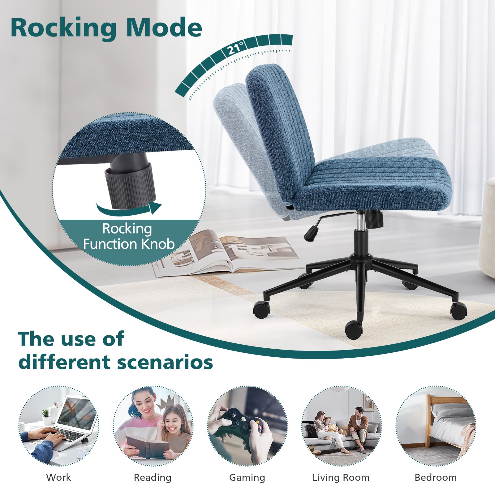 JIOABL Criss Cross Chair with Wheels,Wide Seat Ergonomic Desk Chair,U Shaped Backrest,Height Adjustable Armless Swivel Chair for Home Office,Vanity & Living Room,Linen Blue