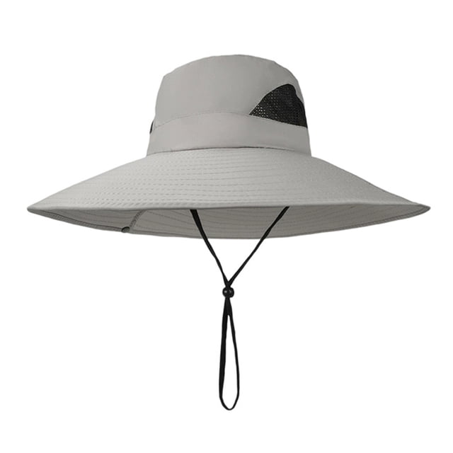 Sombrero tipo pescador de malla transpirable con ala ancha y ajuste regulable, protección UV, ideal para actividades al aire libre y plegable.