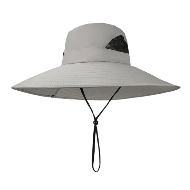 Sombrero tipo pescador de malla transpirable con ala ancha y ajuste regulable, protección UV, ideal para actividades al aire libre y plegable.