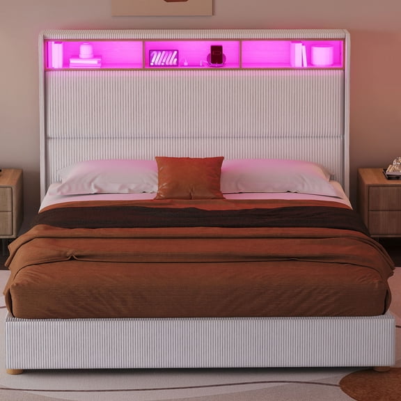 Craftian King Size Upholstered Bed Frame with LED Lights & Charging Station, Platform Bed Frame with Tall Headboard, White