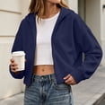 thumbnail image 2 of Hooded Zip Women Cropped Jackets Long Sleeve Sweatshirt with Pocket,Drop Shoulder Casual Fall Winter Daily Home Outdoor Wear,Blue,L, 2 of 9