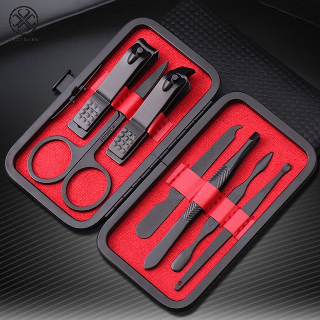Luxtrada 7pcs Black Stainless Steel Nail Clipper Cutter Trimmer Scissor Tweezers Ear Pick Grooming Kit Manicure Tools