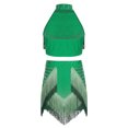 thumbnail image 5 of YiZYiF Kids Girls Latin Dance Dress Rhinestone Fringe Crop Top and Tassel Skirt Ballroom Tango Jazz Dance Outfit Green 6, 5 of 6