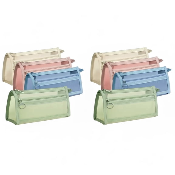 8 Pcs Double Layer Mesh Pencil Case with Zipper and Handle, 8.7" x 2.4" Semi Transparent Mesh Pencil Pouch Organizer, Pastel Makeup Bag for Office Desk Travel Storage