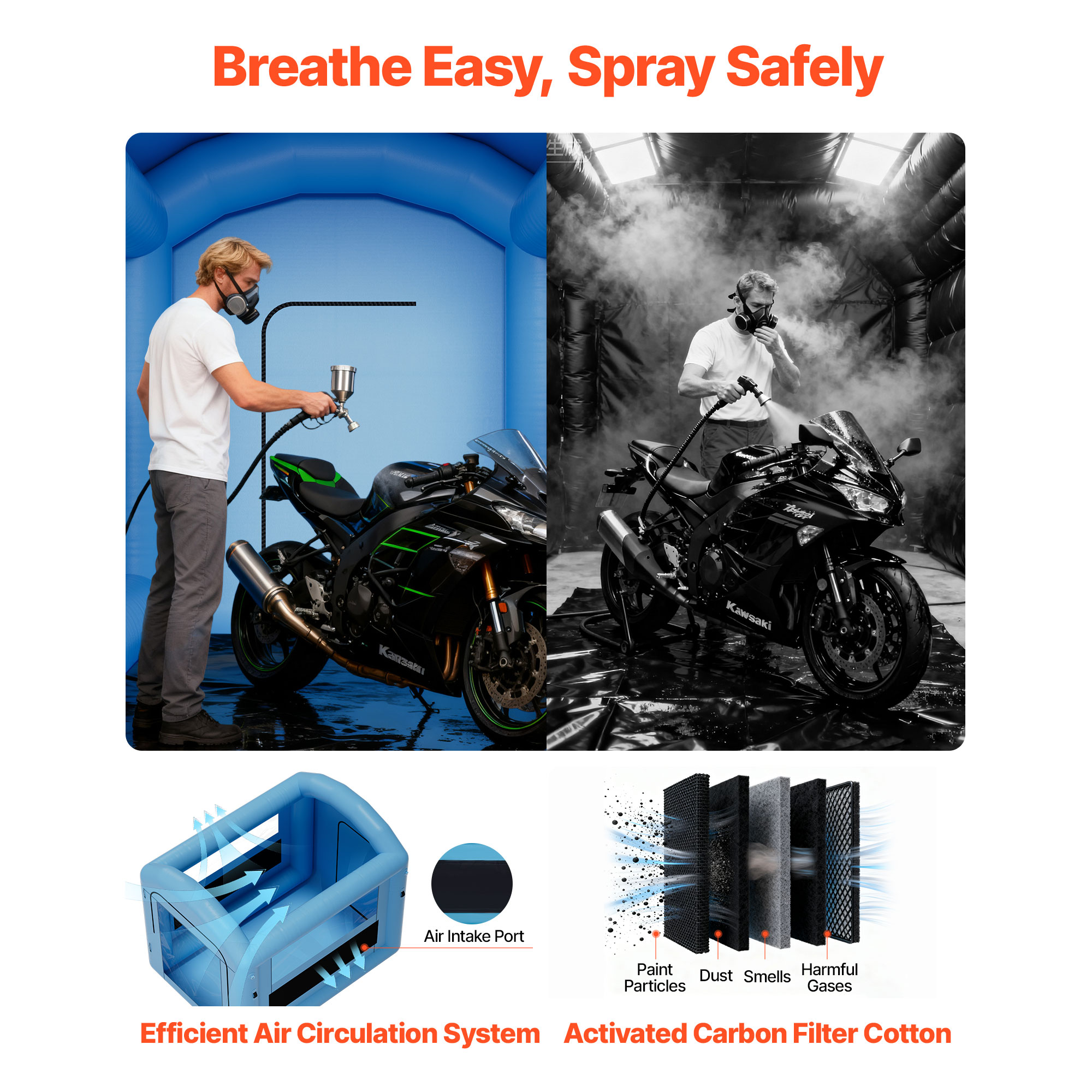 KFFKFF Inflatable Paint Booth, 9.84 x 8.2 x 8.2 ft, Spray Booth with 550W Blower and Air Filtration System, Rounded Roof with Light Attachment, Suitable for Painting Bikes, Motorcycles, and Furniture